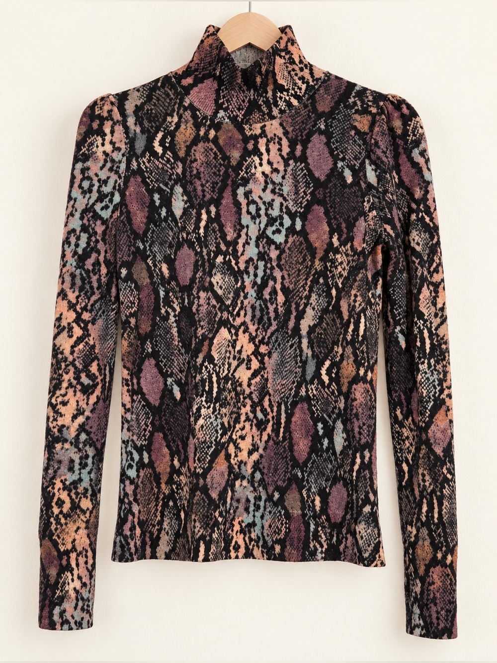 Rebecca Taylor Black Tan Mauve Snake Print 100% Wool Mock Neck Sweater M #2691